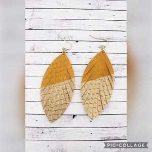 Gold-Dipped Orange Faux Snakeskin Leaf Earrings